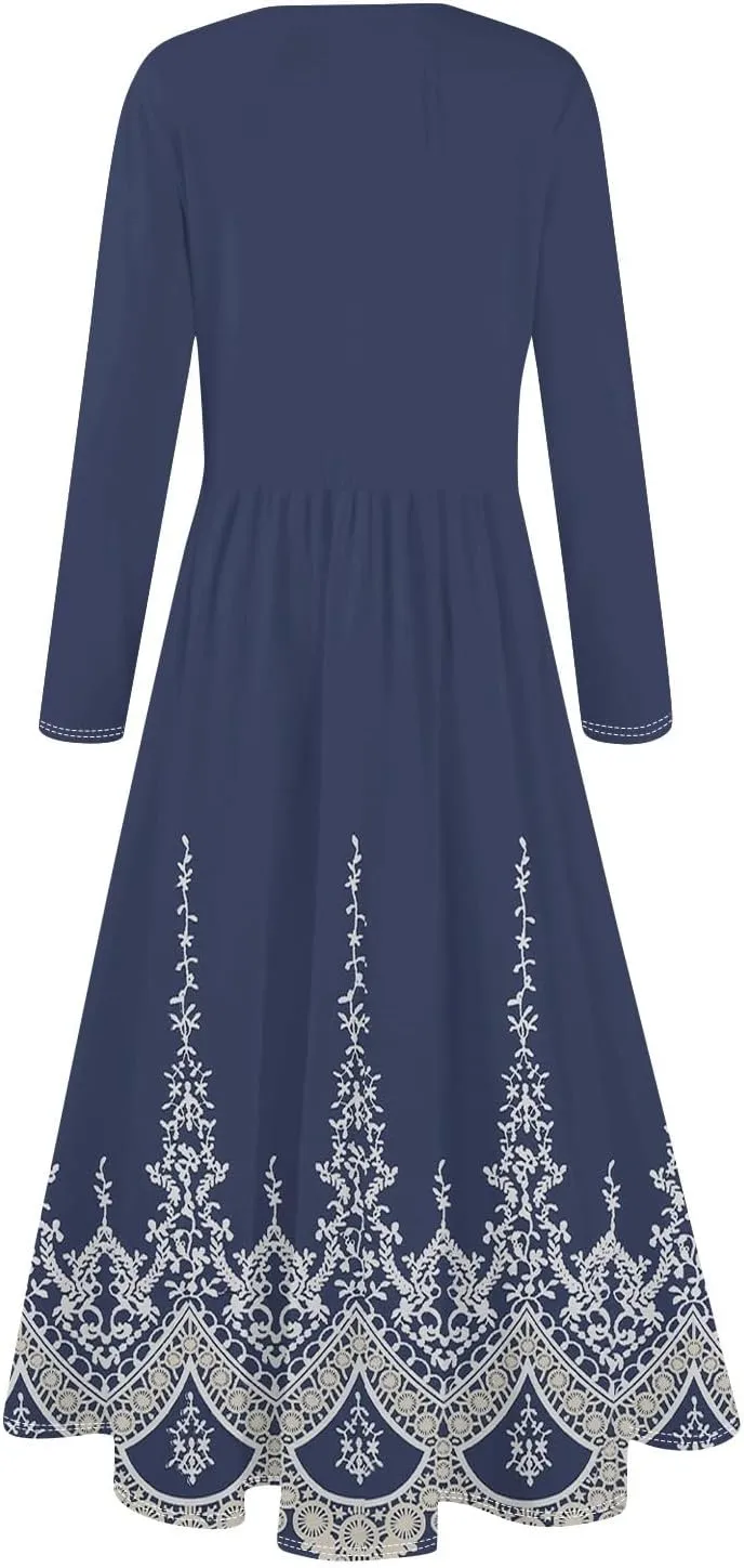 Womens Spring Dresses 2025 Long Sleeve O Neck Midi Trendy Summer Elegant Boho Holiday Fitted Dress