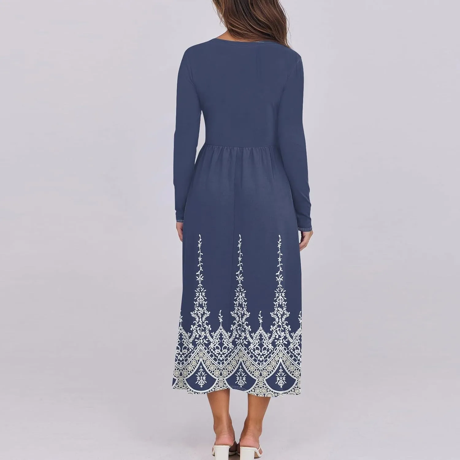 Womens Spring Dresses 2025 Long Sleeve O Neck Midi Trendy Summer Elegant Boho Holiday Fitted Dress
