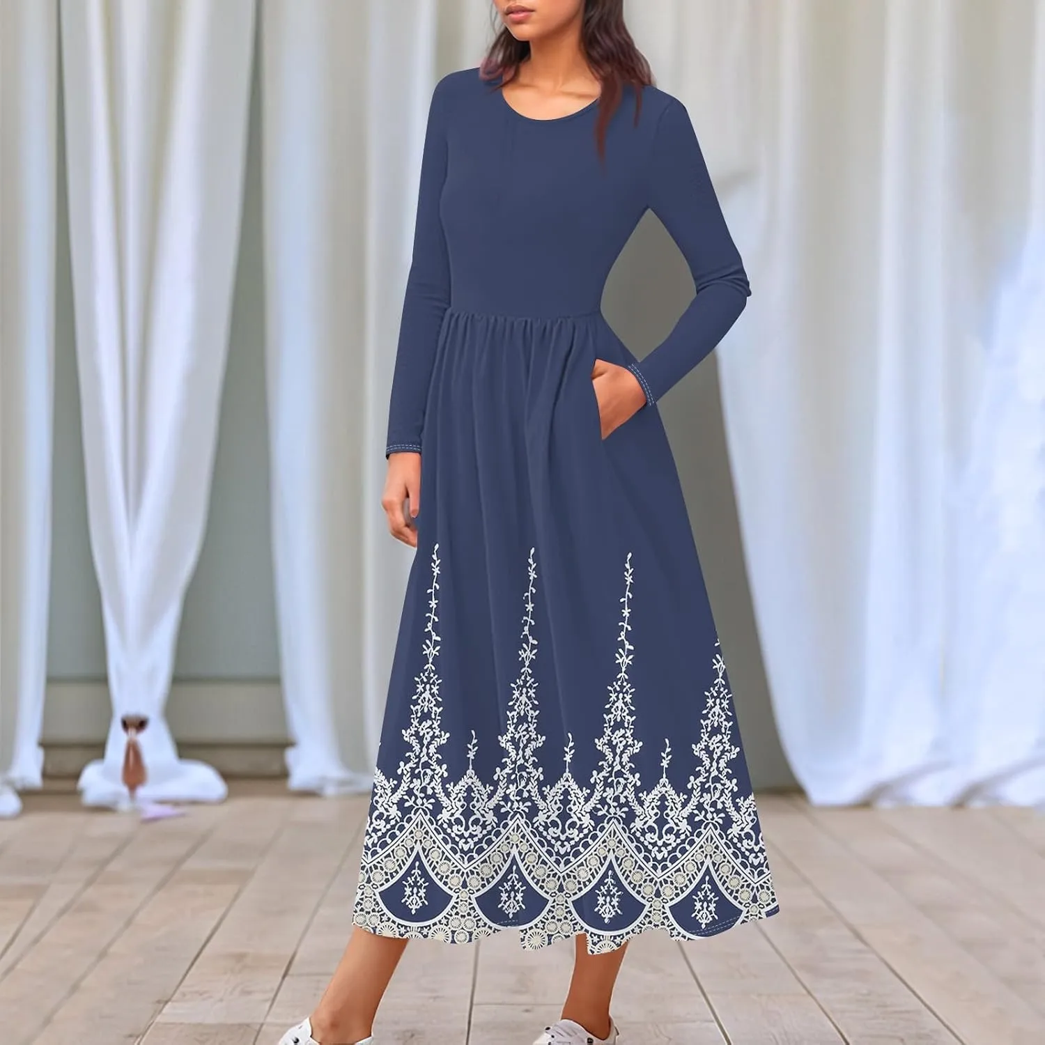 Womens Spring Dresses 2025 Long Sleeve O Neck Midi Trendy Summer Elegant Boho Holiday Fitted Dress