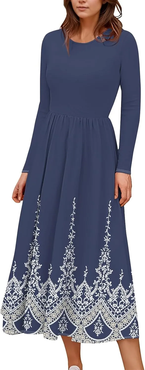 Womens Spring Dresses 2025 Long Sleeve O Neck Midi Trendy Summer Elegant Boho Holiday Fitted Dress