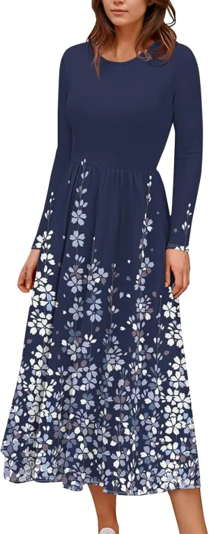 Womens Spring Dresses 2025 Long Sleeve O Neck Midi Trendy Summer Elegant Boho Holiday Fitted Dress