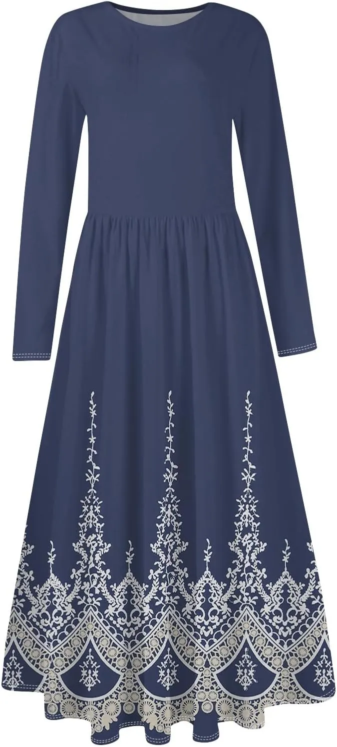 Womens Spring Dresses 2025 Long Sleeve O Neck Midi Trendy Summer Elegant Boho Holiday Fitted Dress