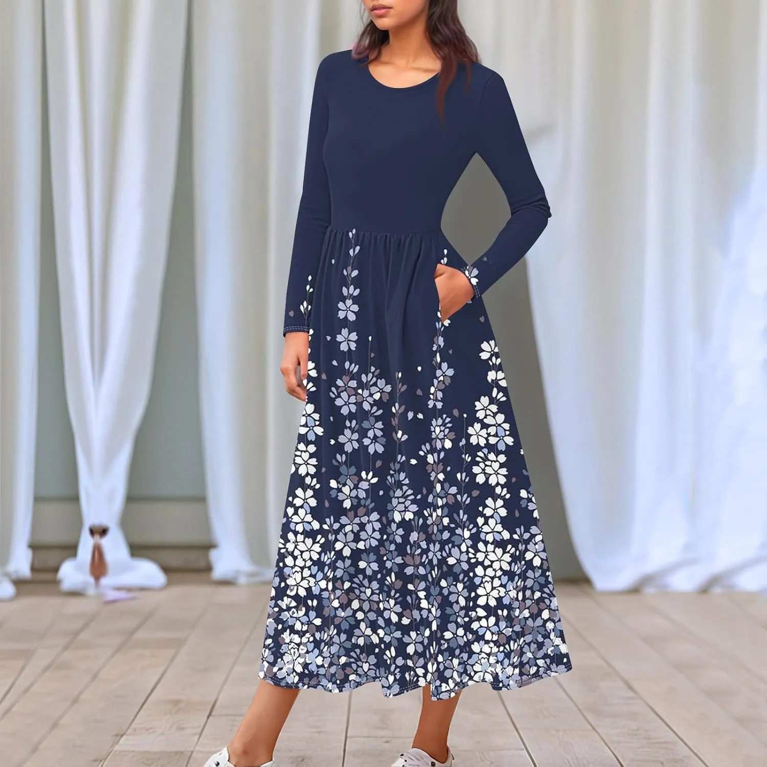 Womens Spring Dresses 2025 Long Sleeve O Neck Midi Trendy Summer Elegant Boho Holiday Fitted Dress