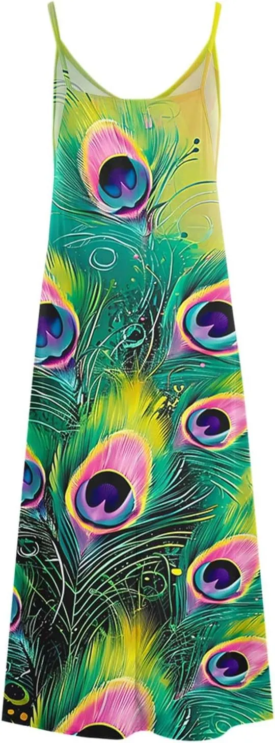 Womens Spring Summer Dresses Spaghetti Strap Floral Print Maxi Dress Trendy Boho Beach Vacation Sundress