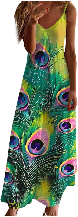 Womens Spring Summer Dresses Spaghetti Strap Floral Print Maxi Dress Trendy Boho Beach Vacation Sundress