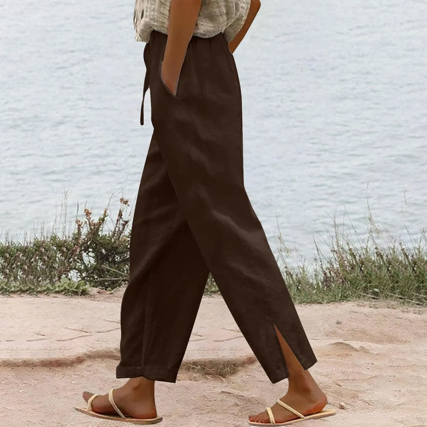 Womens Straight Leg Linen Pants 2025 Summer Casual Beach Pants Lightweight High Waisted Boho Capri Pants with Pockets