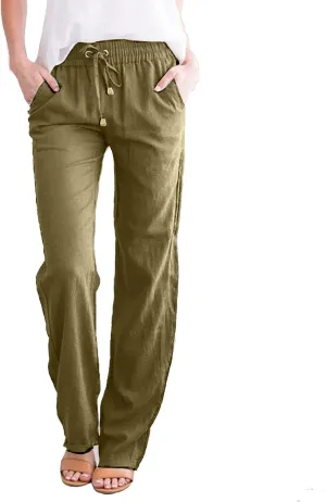 Women's Straight Solid Color Trousers Elastic Drawstring High Waist Casual Comfortable Pants for Daily Wear