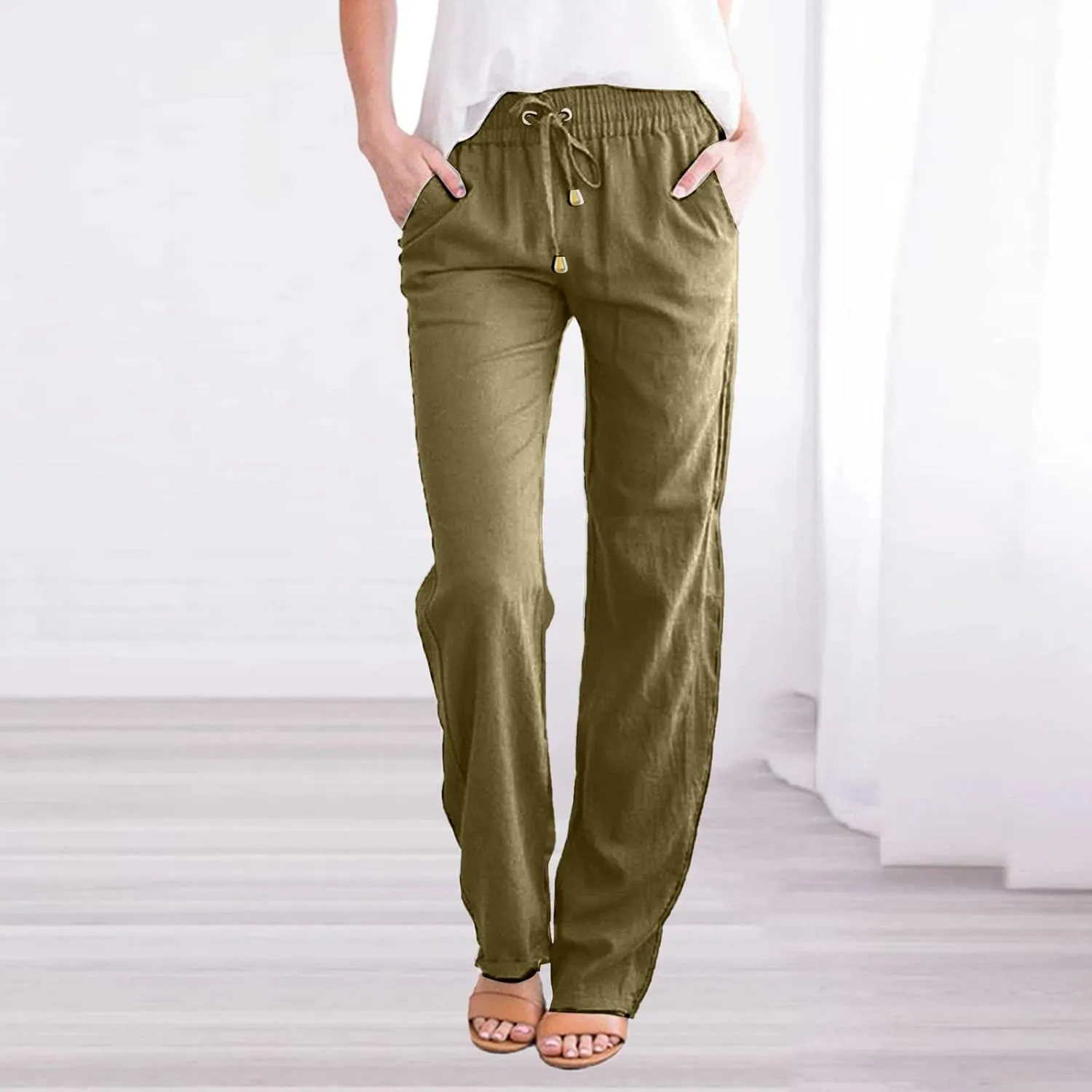 Women's Straight Solid Color Trousers Elastic Drawstring High Waist Casual Comfortable Pants for Daily Wear