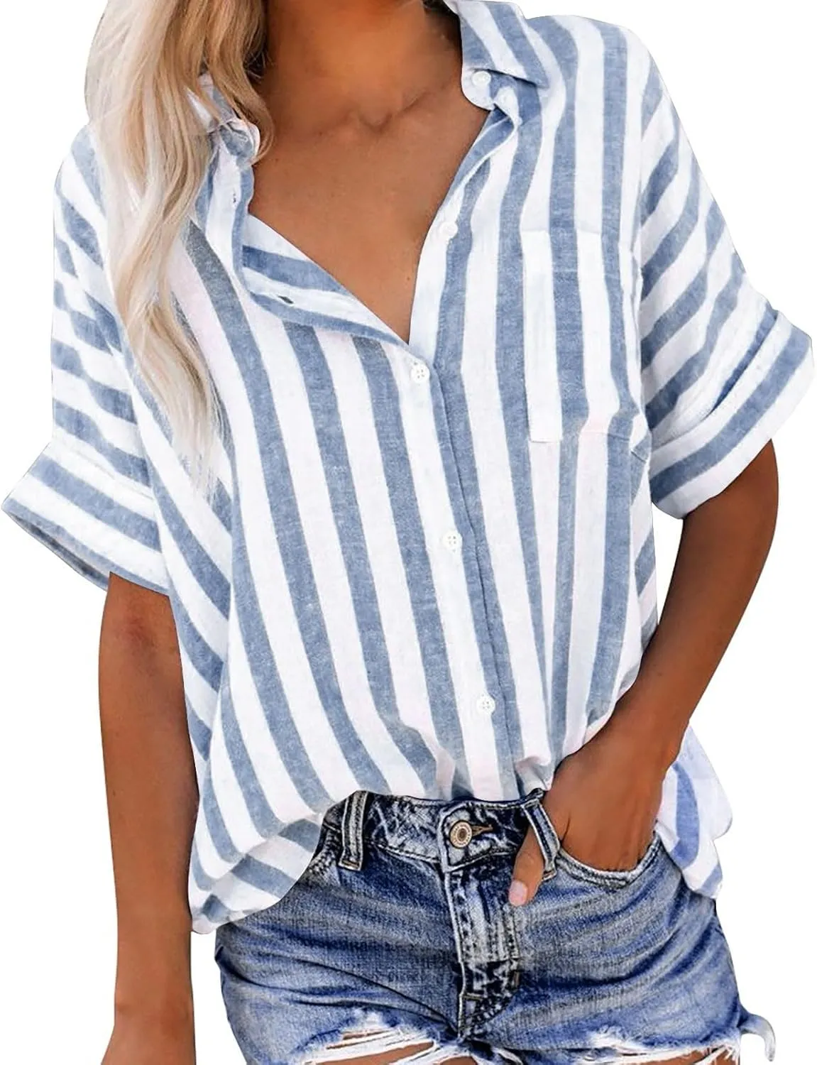 Womens Striped Button Down Shirts Cotton Linen Tunic Tops Short Sleeve Summer Blouses Beach Fashion Clothing 2025