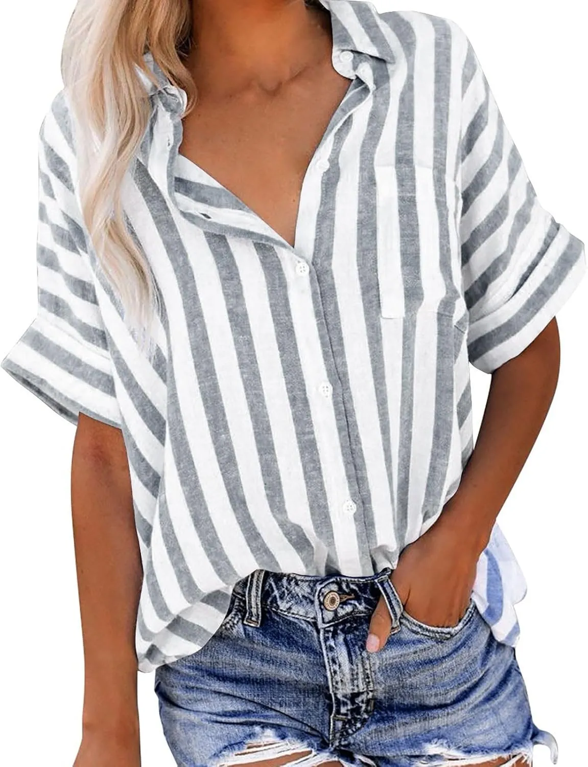 Womens Striped Button Down Shirts Cotton Linen Tunic Tops Short Sleeve Summer Blouses Beach Fashion Clothing 2025