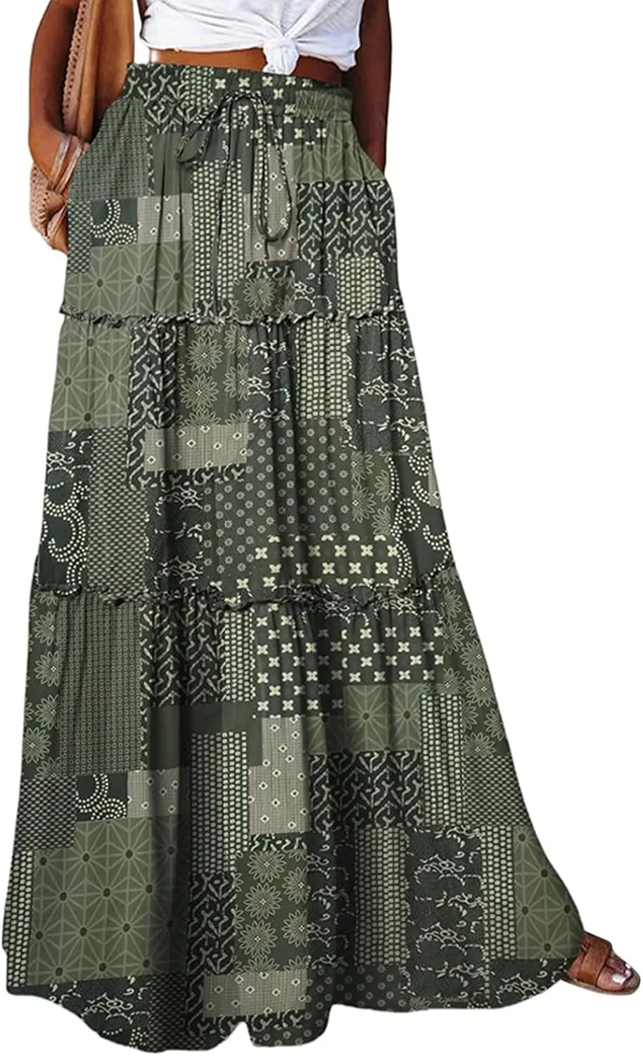 Women's Summer Casual Fashion Skirts Boho Print Elastic Waist Skirt Loose Comfortable High Waist Lace-Up Skirt