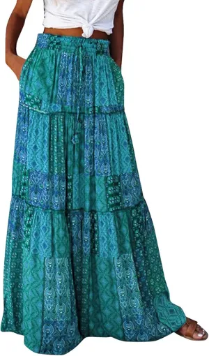 Women's Summer Casual Fashion Skirts Boho Print Elastic Waist Skirt Loose Comfortable High Waist Lace-Up Skirt