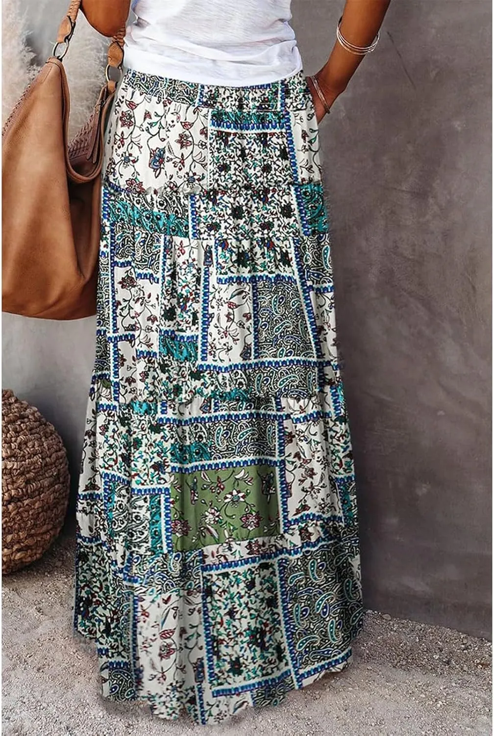 Women's Summer Casual Fashion Skirts Boho Print Elastic Waist Skirt Loose Comfortable High Waist Lace-Up Skirt