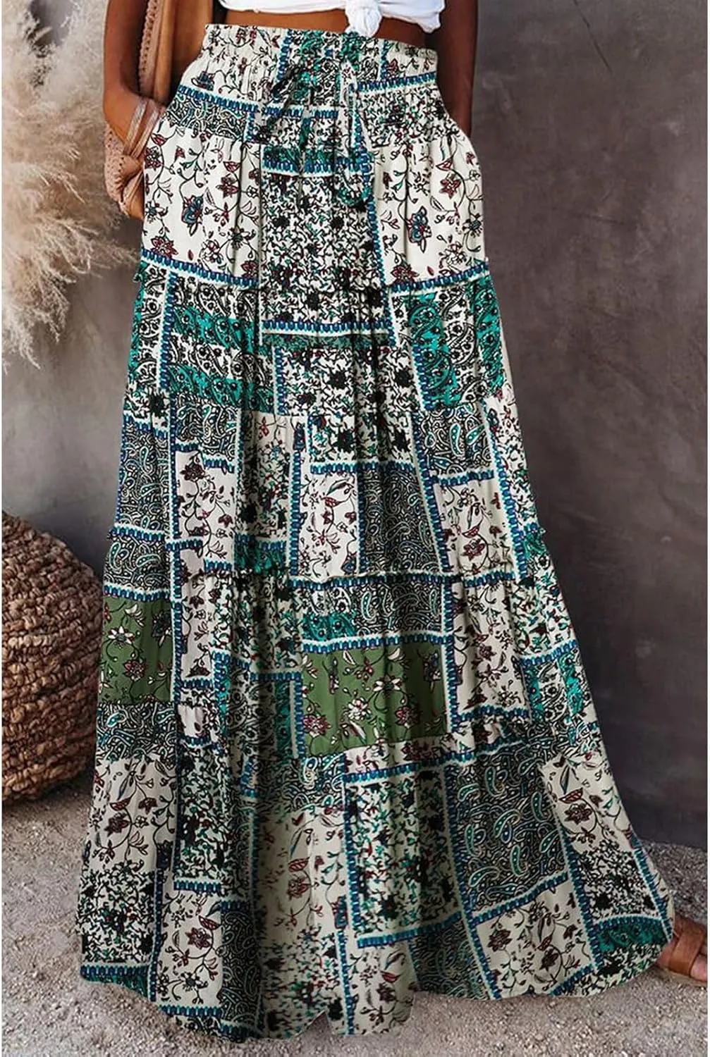 Women's Summer Casual Fashion Skirts Boho Print Elastic Waist Skirt Loose Comfortable High Waist Lace-Up Skirt