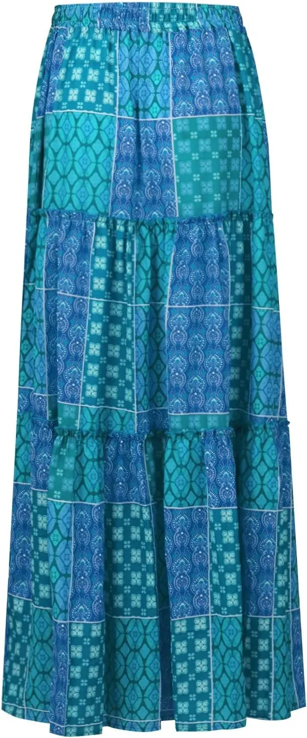 Women's Summer Casual Fashion Skirts Boho Print Elastic Waist Skirt Loose Comfortable High Waist Lace-Up Skirt