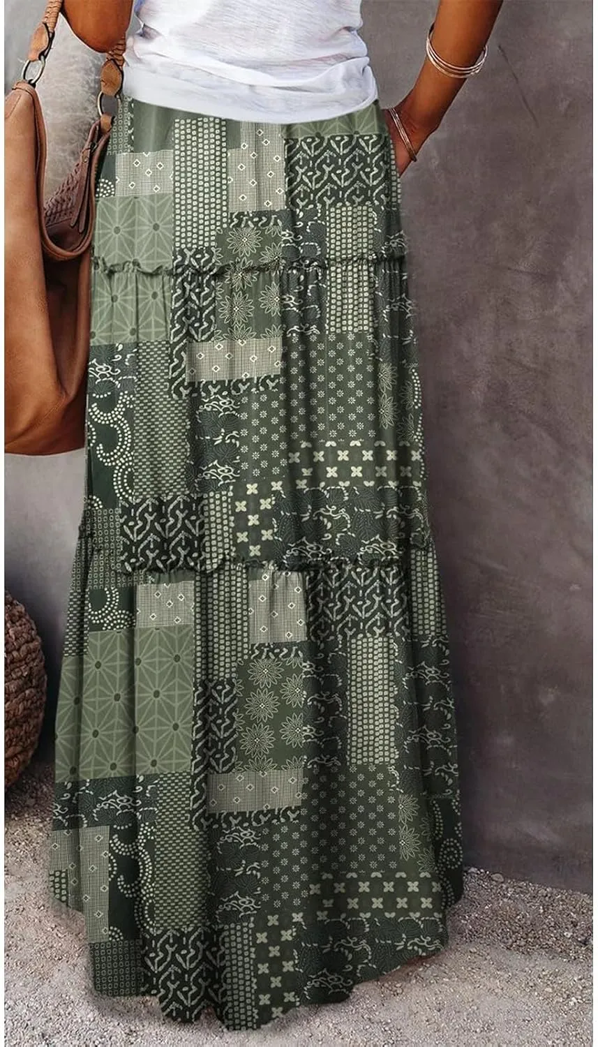 Women's Summer Casual Fashion Skirts Boho Print Elastic Waist Skirt Loose Comfortable High Waist Lace-Up Skirt