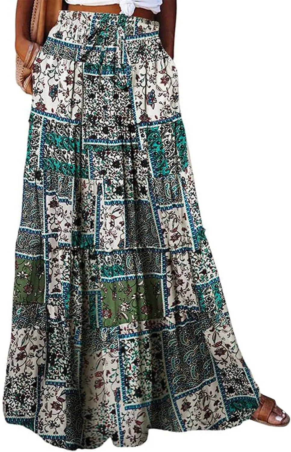 Women's Summer Casual Fashion Skirts Boho Print Elastic Waist Skirt Loose Comfortable High Waist Lace-Up Skirt