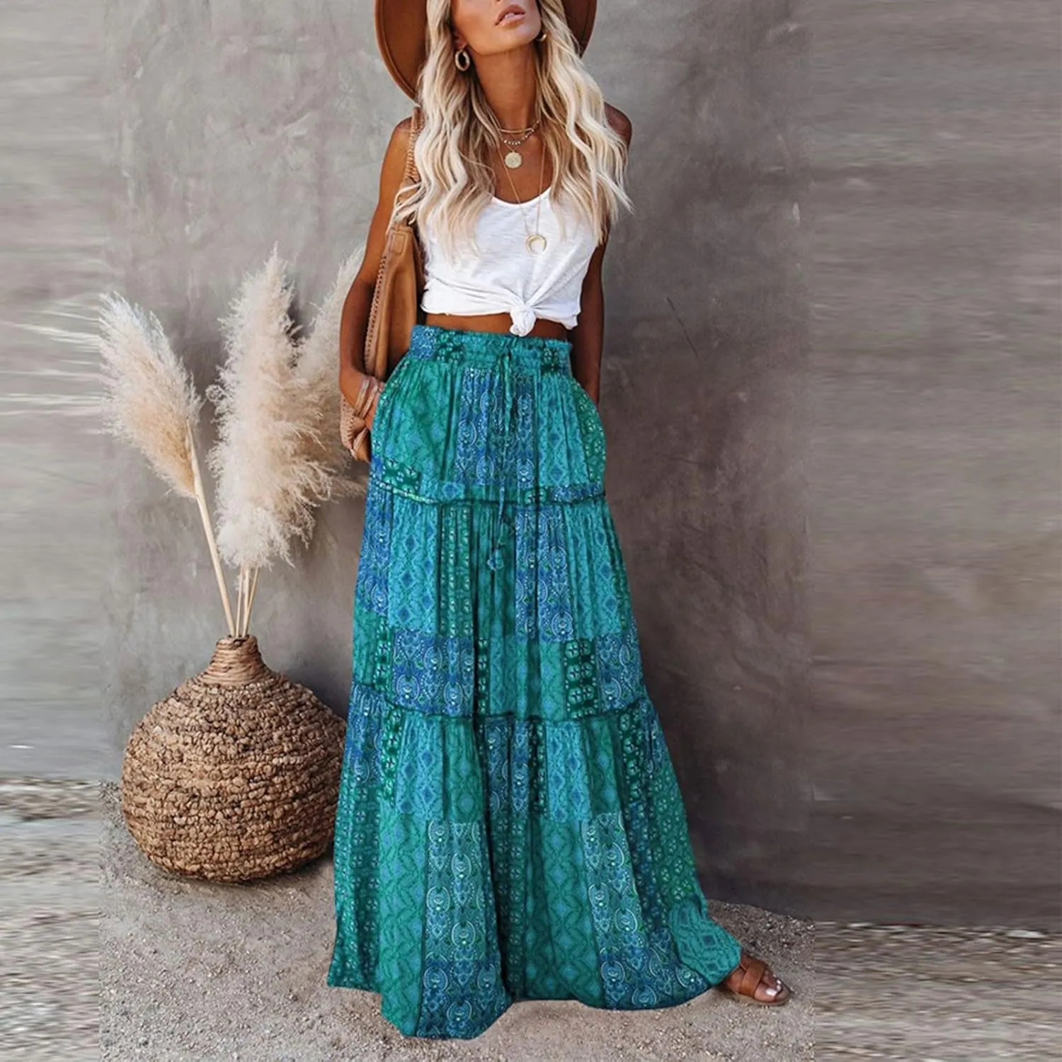 Women's Summer Casual Fashion Skirts Boho Print Elastic Waist Skirt Loose Comfortable High Waist Lace-Up Skirt