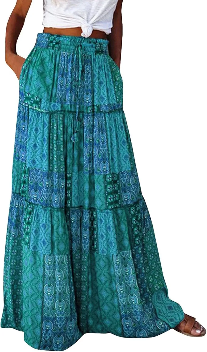 Women's Summer Casual Fashion Skirts Boho Print Elastic Waist Skirt Loose Comfortable High Waist Lace-Up Skirt