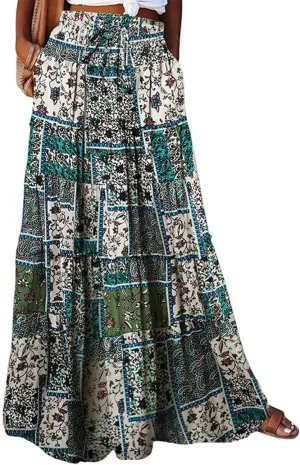 Women's Summer Casual Fashion Skirts Boho Print Elastic Waist Skirt Loose Comfortable High Waist Lace-Up Skirt