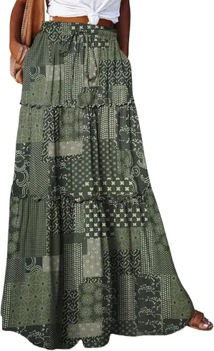 Women's Summer Casual Fashion Skirts Boho Print Elastic Waist Skirt Loose Comfortable High Waist Lace-Up Skirt