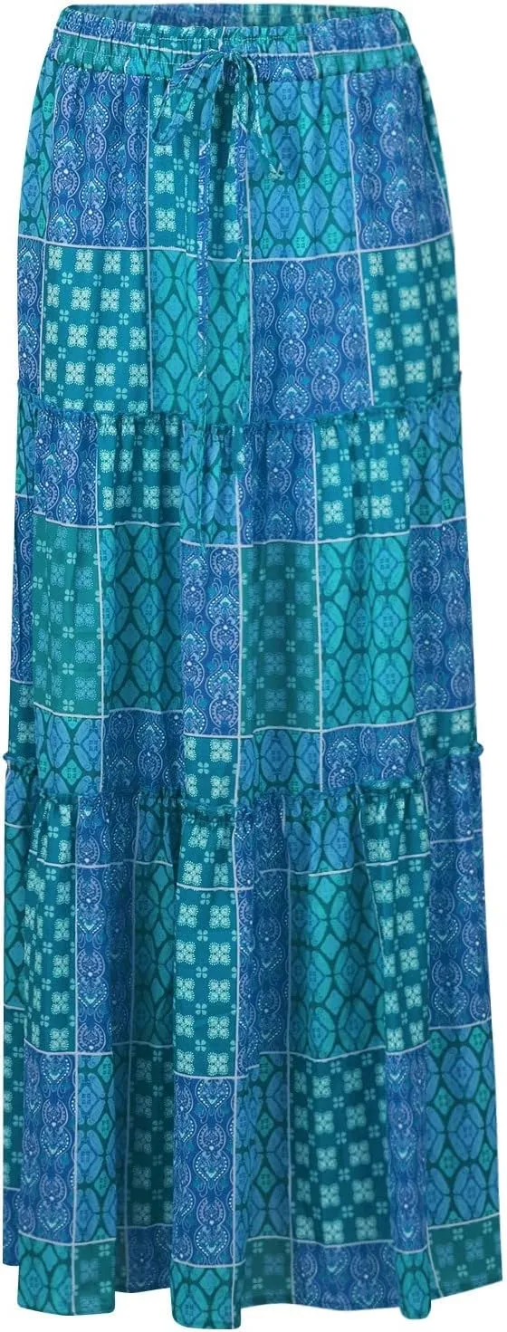 Women's Summer Casual Fashion Skirts Boho Print Elastic Waist Skirt Loose Comfortable High Waist Lace-Up Skirt