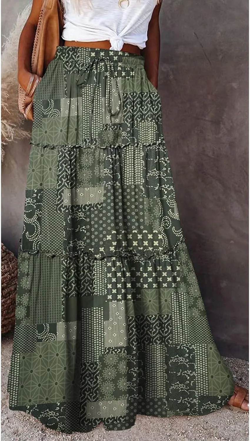 Women's Summer Casual Fashion Skirts Boho Print Elastic Waist Skirt Loose Comfortable High Waist Lace-Up Skirt