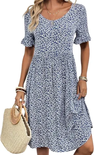 Women's Summer Casual Short Sleeve Mini Dress Ditsy Floral Crewneck Ruffle Hem Dresses 2025 Flowy Travel Vacation Outfit