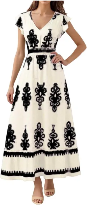 Womens Summer Maxi Dress Floral Printed Casual Sleeveless Spaghetti Strap Elastic Waist Ruffle Beach Sundress 2025 Vacation