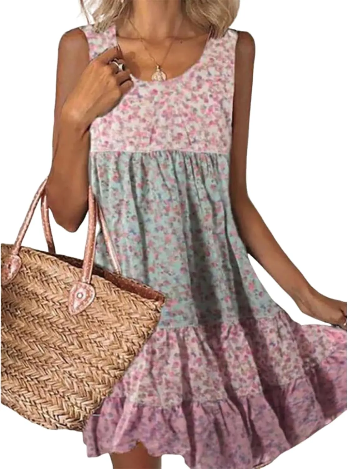 Women's Sweet Floral Print Mini Dress Scoop Neck Sleeveless Tiered Ruffle Hem Casual Daily Dress 2025 Summer Fashion