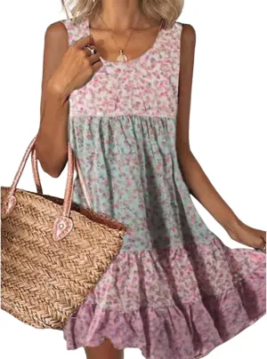 Women's Sweet Floral Print Mini Dress Scoop Neck Sleeveless Tiered Ruffle Hem Casual Daily Dress 2025 Summer Fashion