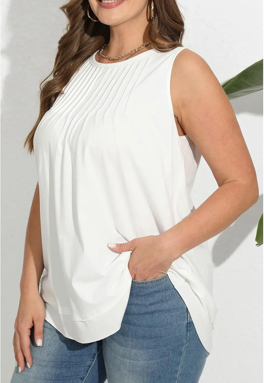 Womens Tank Tops Crew Neck Pleated Loose Fit Curved Hem Flowy Casual Large Size Tops Women Beach Working Business