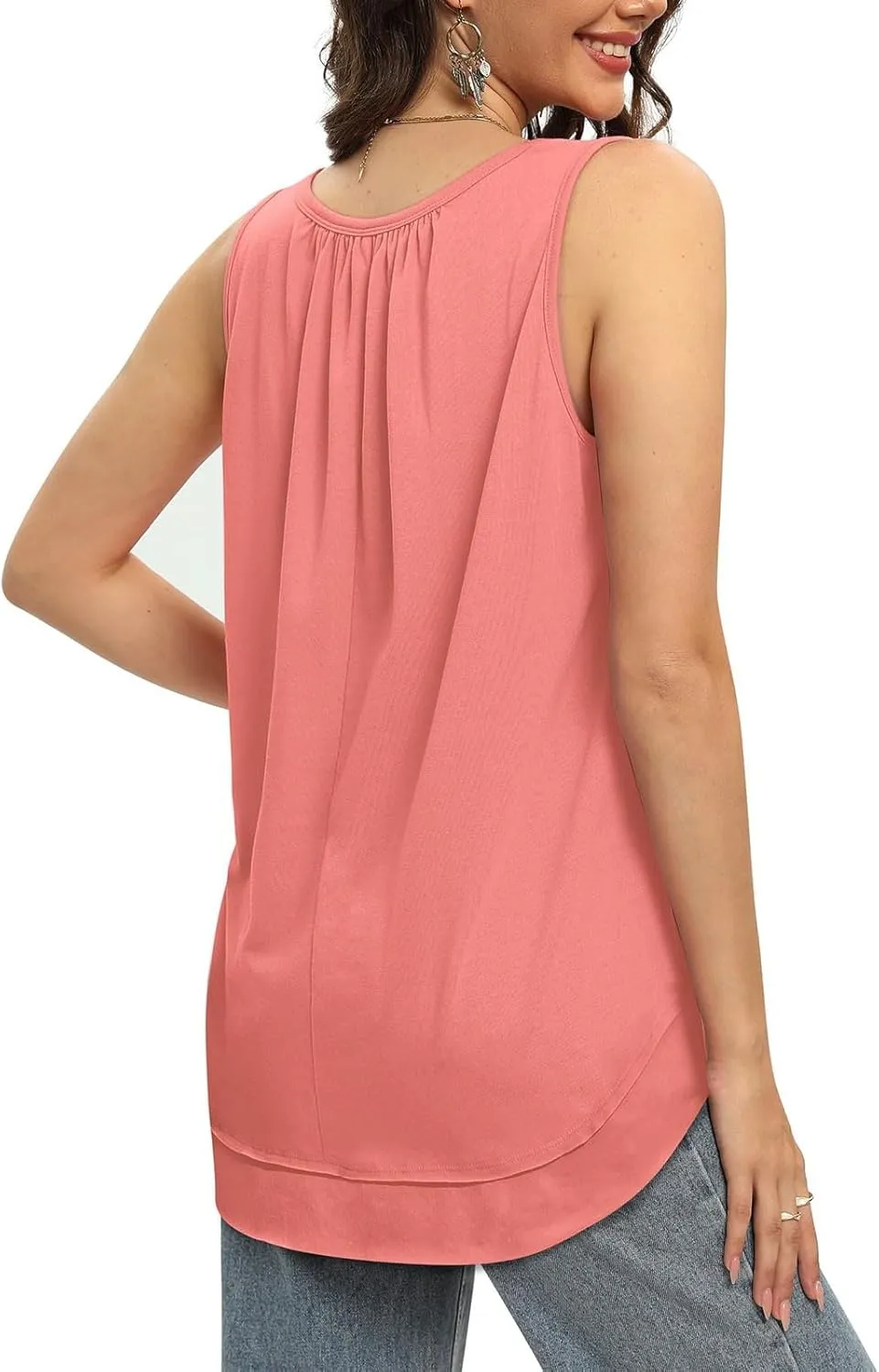 Womens Tank Tops Crew Neck Pleated Loose Fit Curved Hem Flowy Casual Large Size Tops Women Beach Working Business