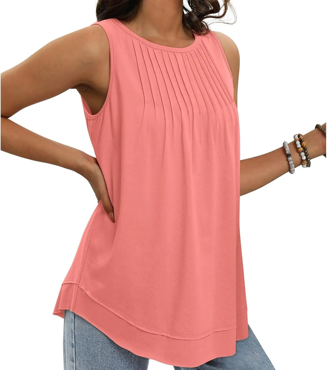 Womens Tank Tops Crew Neck Pleated Loose Fit Curved Hem Flowy Casual Large Size Tops Women Beach Working Business