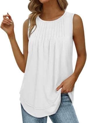 Womens Tank Tops Crew Neck Pleated Loose Fit Curved Hem Flowy Casual Large Size Tops Women Beach Working Business