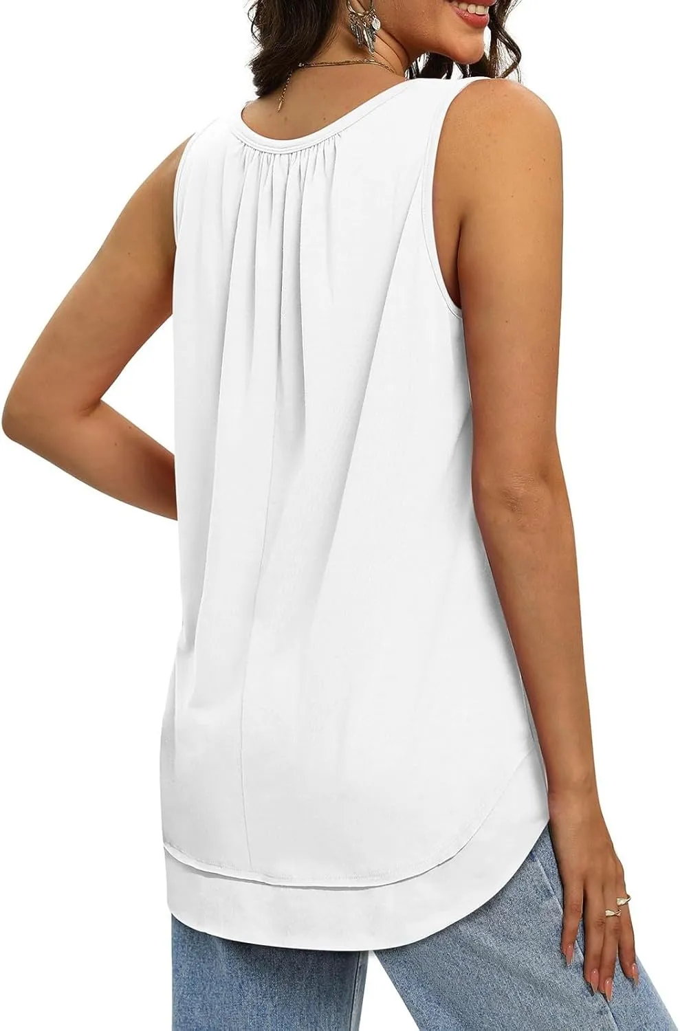 Womens Tank Tops Crew Neck Pleated Loose Fit Curved Hem Flowy Casual Large Size Tops Women Beach Working Business