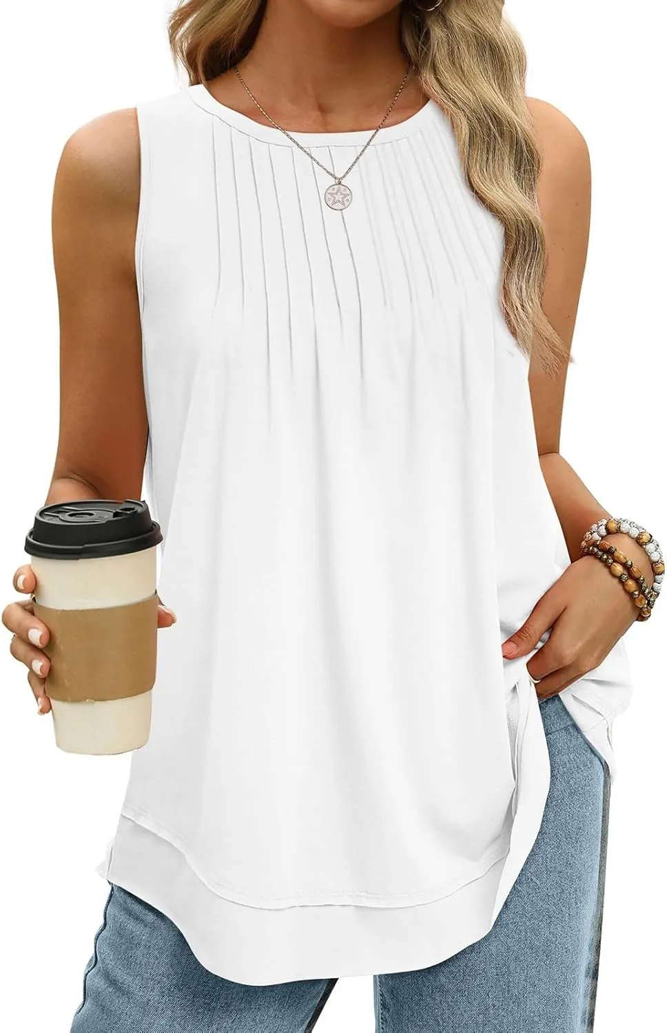 Womens Tank Tops Crew Neck Pleated Loose Fit Curved Hem Flowy Casual Large Size Tops Women Beach Working Business
