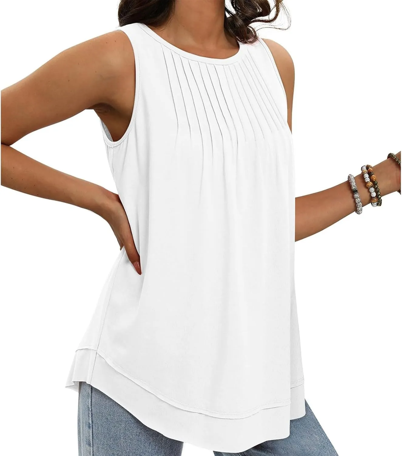 Womens Tank Tops Crew Neck Pleated Loose Fit Curved Hem Flowy Casual Large Size Tops Women Beach Working Business