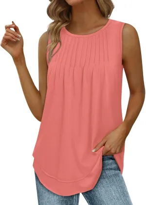 Womens Tank Tops Crew Neck Pleated Loose Fit Curved Hem Flowy Casual Large Size Tops Women Beach Working Business