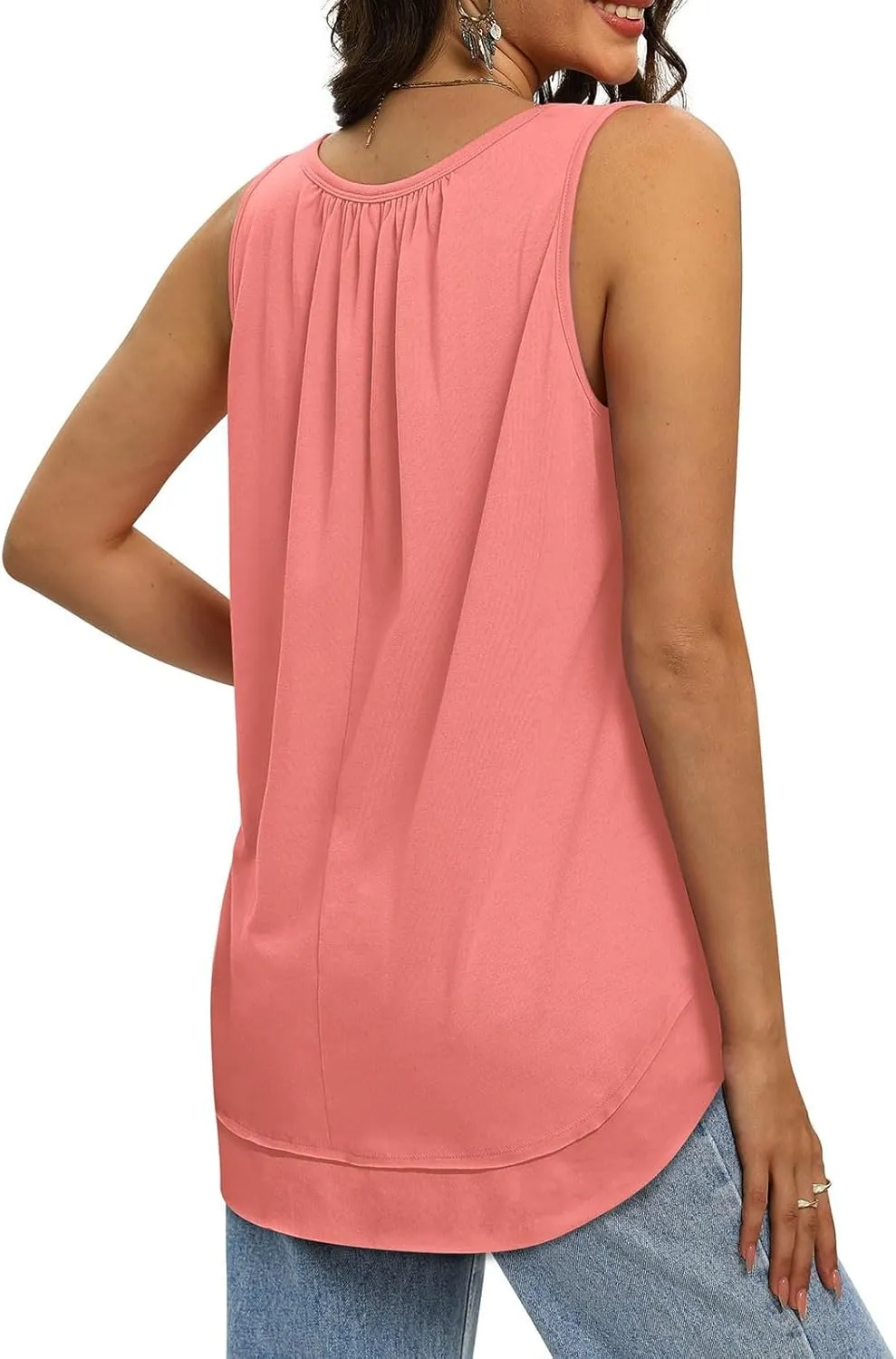 Womens Tank Tops Crew Neck Pleated Loose Fit Curved Hem Flowy Casual Large Size Tops Women Beach Working Business