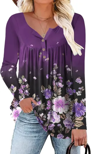 Womens-Tops-Long-Sleeve Henley Shirts V Neck Blouses Buttons Up Tunics Flowy Pleated Blouses