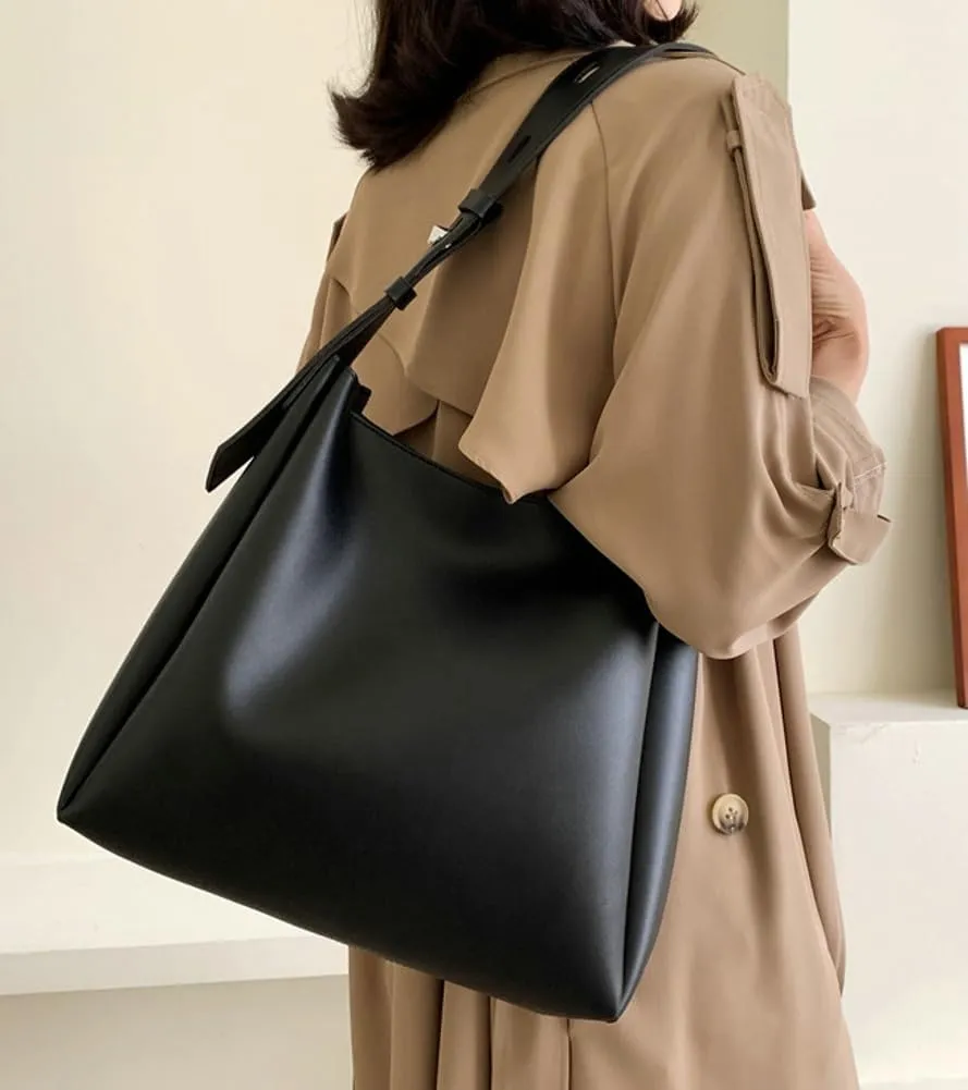 Womens Trendy PU Leather Tote Bags Large Bucket Shoulder Purse Soft Handbag Casual Working Top Handle Satchel 2pcs
