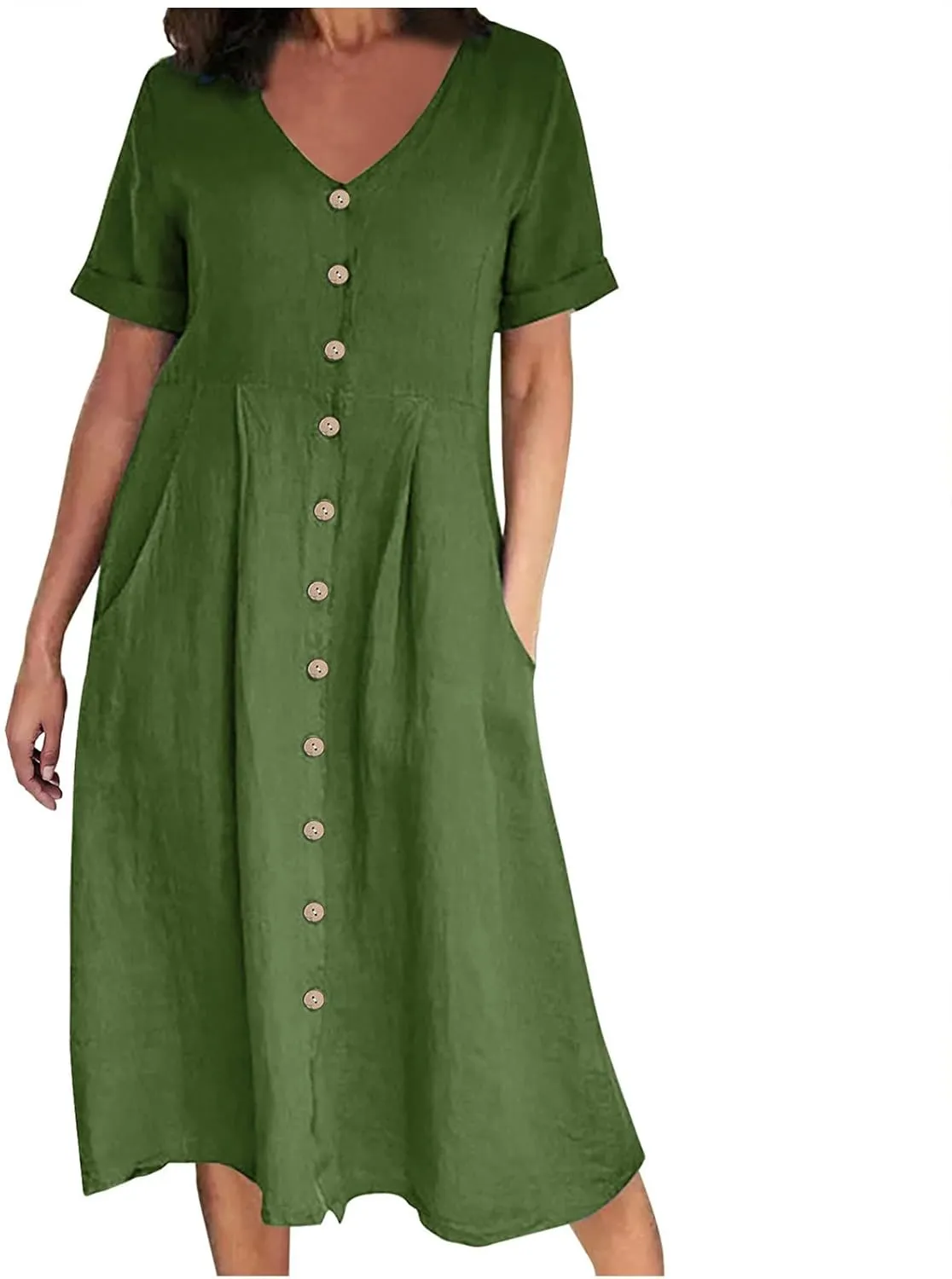 Women's V Neck Pleated Summer Dress Trendy Casual Short Sleeve Midi Dresses Loose Comfort Cotton Linen Dress