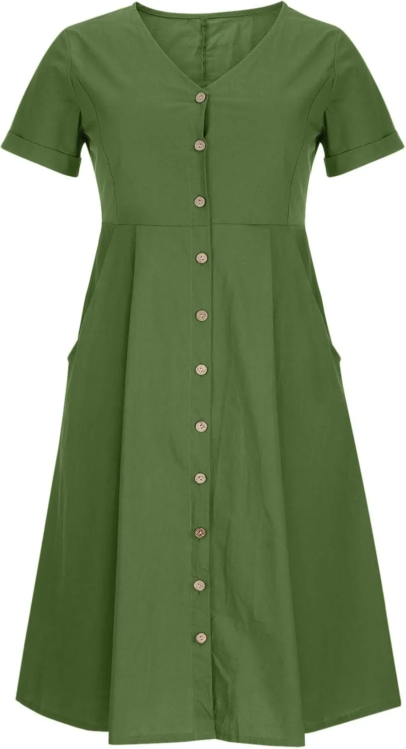 Women's V Neck Pleated Summer Dress Trendy Casual Short Sleeve Midi Dresses Loose Comfort Cotton Linen Dress