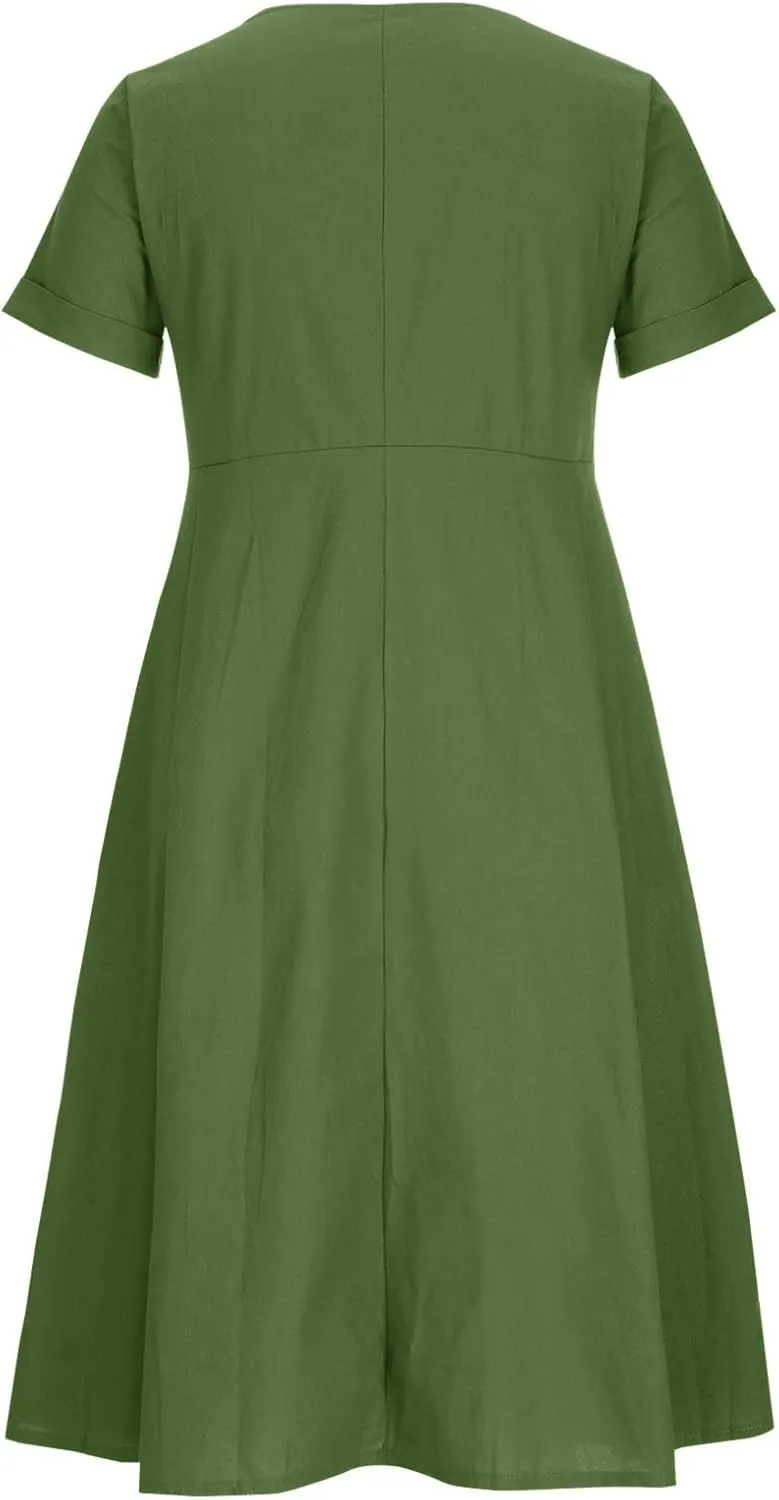Women's V Neck Pleated Summer Dress Trendy Casual Short Sleeve Midi Dresses Loose Comfort Cotton Linen Dress