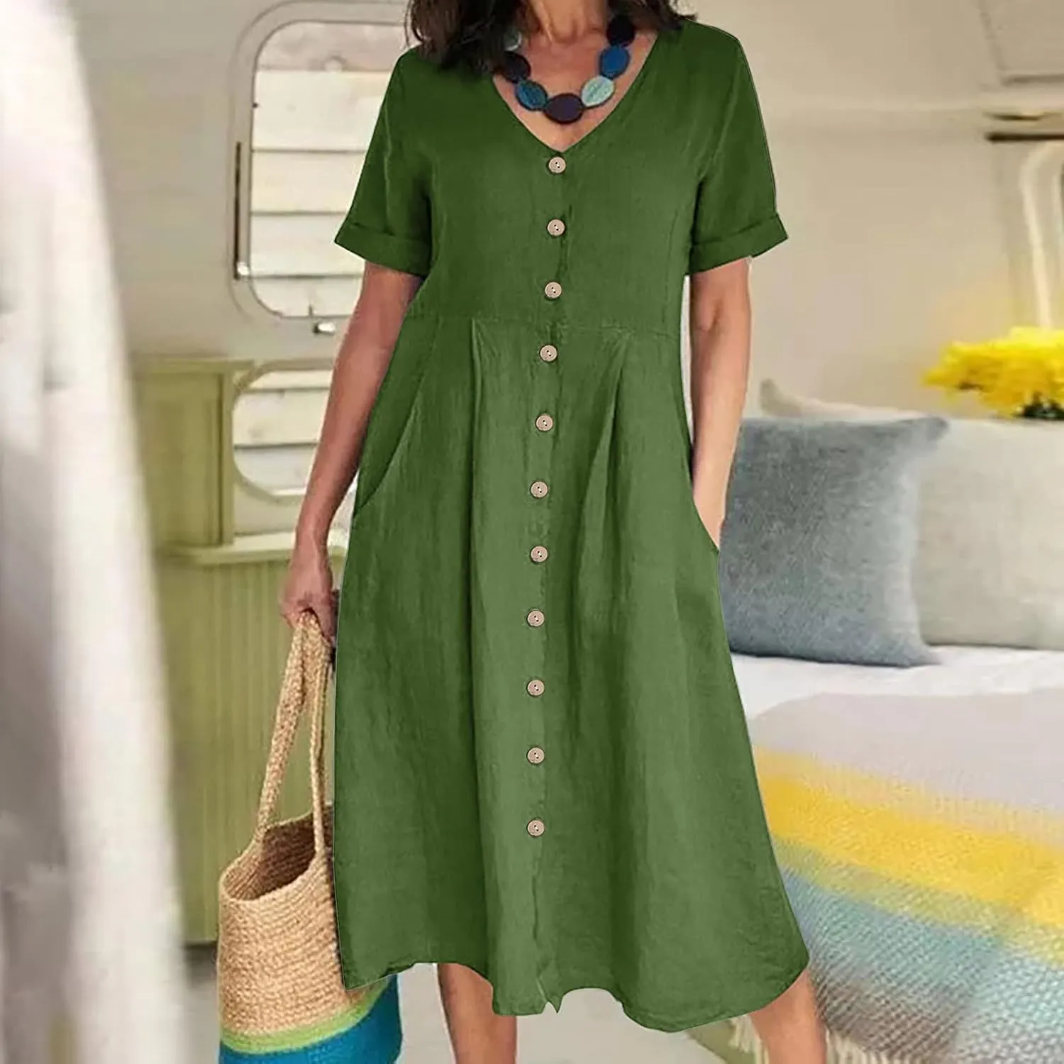 Women's V Neck Pleated Summer Dress Trendy Casual Short Sleeve Midi Dresses Loose Comfort Cotton Linen Dress