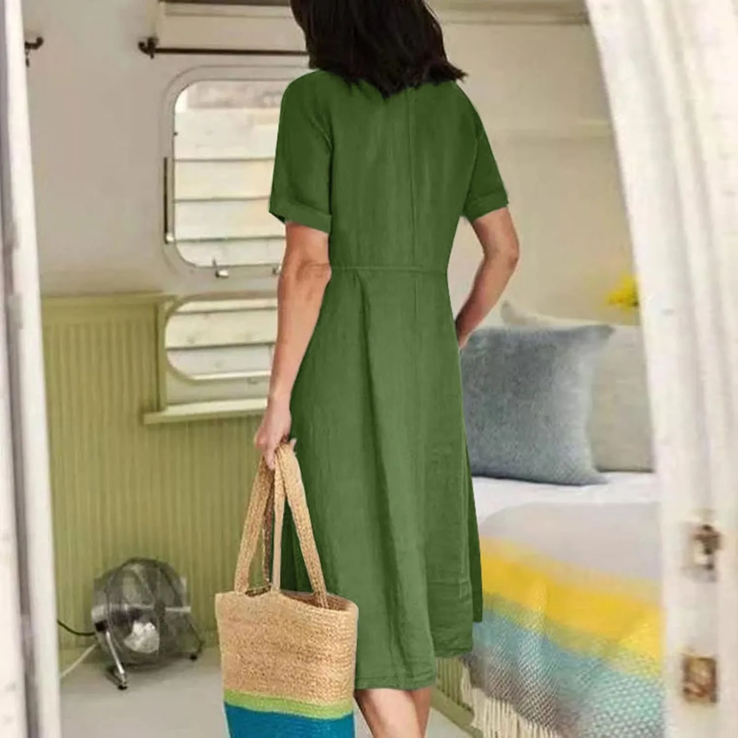Women's V Neck Pleated Summer Dress Trendy Casual Short Sleeve Midi Dresses Loose Comfort Cotton Linen Dress