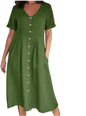 Women's V Neck Pleated Summer Dress Trendy Casual Short Sleeve Midi Dresses Loose Comfort Cotton Linen Dress