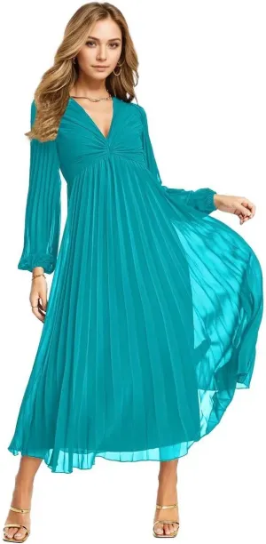 Women's V Neck Wedding Guest Dress Pleated Long Sleeves Formal Evening Party Gowns Modern Chiffon Reception Dresses