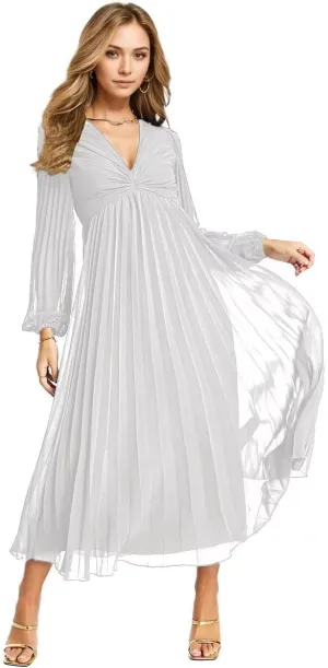 Women's V Neck Wedding Guest Dress Pleated Long Sleeves Formal Evening Party Gowns Modern Chiffon Reception Dresses
